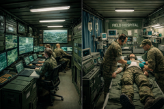 Kaksi yhdistettyä kuvaa: Vasemmalla sotilashenkilöitä työskentelemässä komentokeskuksessa, täynnä tietokoneita ja näyttöjä. Oikealla sotilashenkilöt hoitamassa potilasta kenttäsairaalassa.