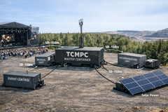 Aurinkovoimalla toimivan festivaalialueen ilmakuva, joka näyttää eri konttiyksiköiden, kuten tapahtumaohjauksen, lääkintä- ja majoitusyksiköiden sijainnin.