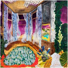 Karoliina Hellberg Windy Night with Daffodils 2023  öljy, akryyli ja muste kankaalle 150 x 150 cm