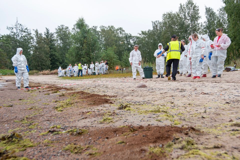 Öljyntörjuntaan osallistuvien vapaahehtoisten koulutusta rannalla. MPK / Esa Aittokallio MPK / Esa Aittokallio