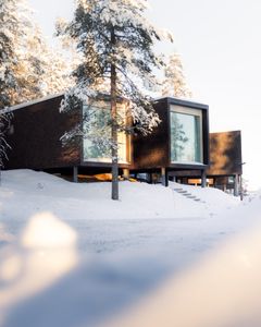 Pohjoisen luonnosta inspiraationsa saaneita Arctic TreeHouse Hotellin sviittejä suurine maisemaikkunoineen lumisessa talvimaisemassa