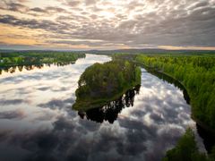 Ilmakuva Aino Private Island Hotelin yksityissaaresta Rovaniemellä. Metsäinen saari sijaitsee joen keskellä veden ympäröimänä, ja rakennukset sulautuvat pohjoisen luonnon maisemaan pilvisen ilta-auringon valaistessa ympäristöä