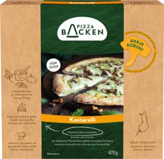 Kantarelli-pizza pakkauksessaan.
