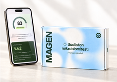 Puhelin, jossa näkyy Magenin raportti ja Magenin suoliston mikrobiomitesti -pakkaus.