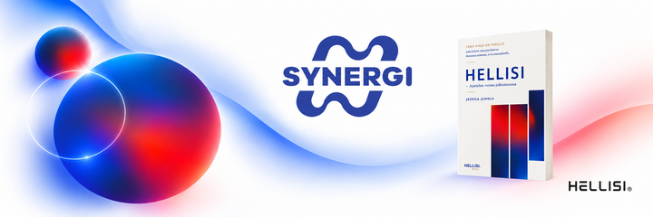 HELLISI - Ajattelun voima johtamisessa kirjan kansi, Synergi logo