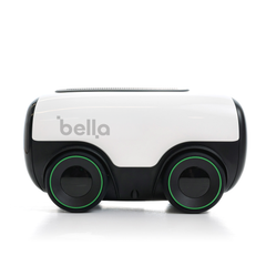 Valkoinen ja musta Bella-robottipölynimuri vihreäreunaisilla pyörillä.