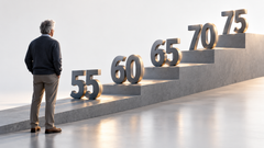 Mies katsoo kasvavia ikävuosia: 55, 60, 65, 70, 75