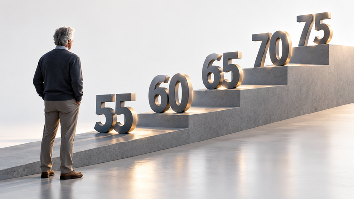 Mies katsoo kasvavia ikävuosia: 55, 60, 65, 70, 75