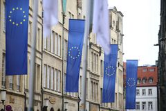 EU flags hang from the Historic Town Hall in Münster.